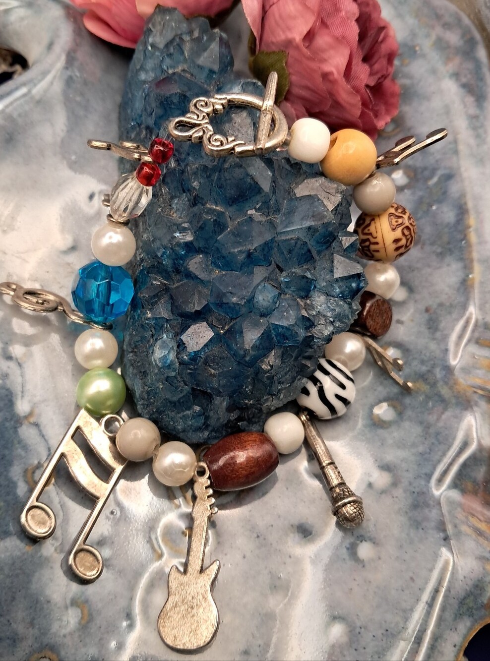 Multicolor Music Charm Stretch Bracelet w/ Toggle Clasp (Silvertone)